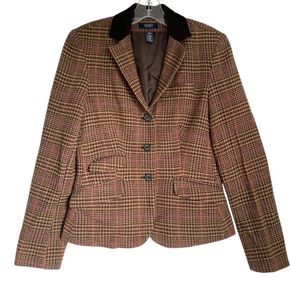 Vintage Chaps Blazer Women Size 4 Brown Plaid WoolVelvet Collar Preppy Classic
